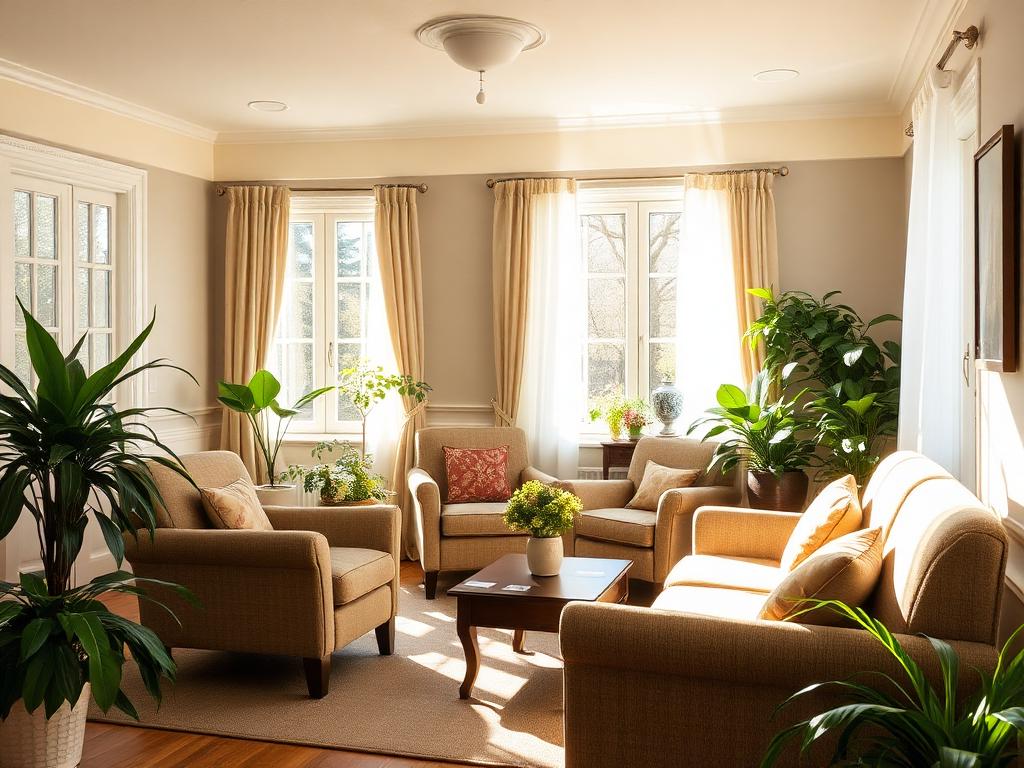 Sala de convivência acolhedora de lar de idosos com poltronas e plantas