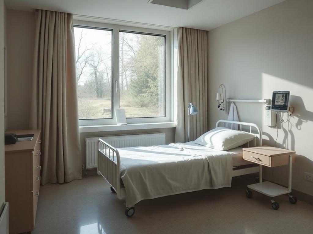 Quarto acolhedor de unidade psiquiátrica com janela e luz natural