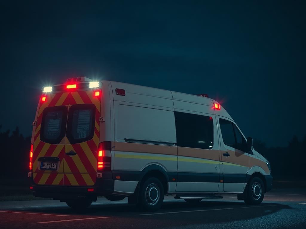 Ambulância moderna estacionada à noite com luzes suaves