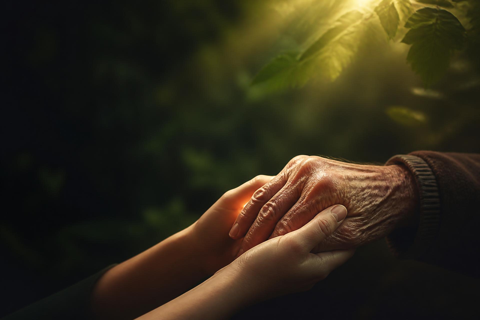 Mãos de um cuidador segurando com carinho a mão de uma pessoa idosa sob luz dourada
